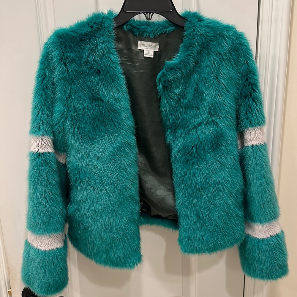 Eco Fur Teal Jacket with Stripe by Molly Olli for Anthropologie Shrimps style